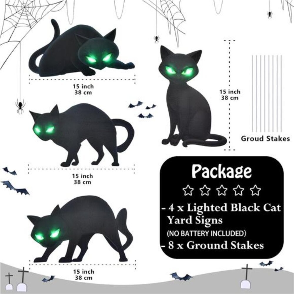 Lighted Black Cat Decor Yard Signs, 4 PCS Halloween Decorations Outdoor Scary - Picture 5 of 7
